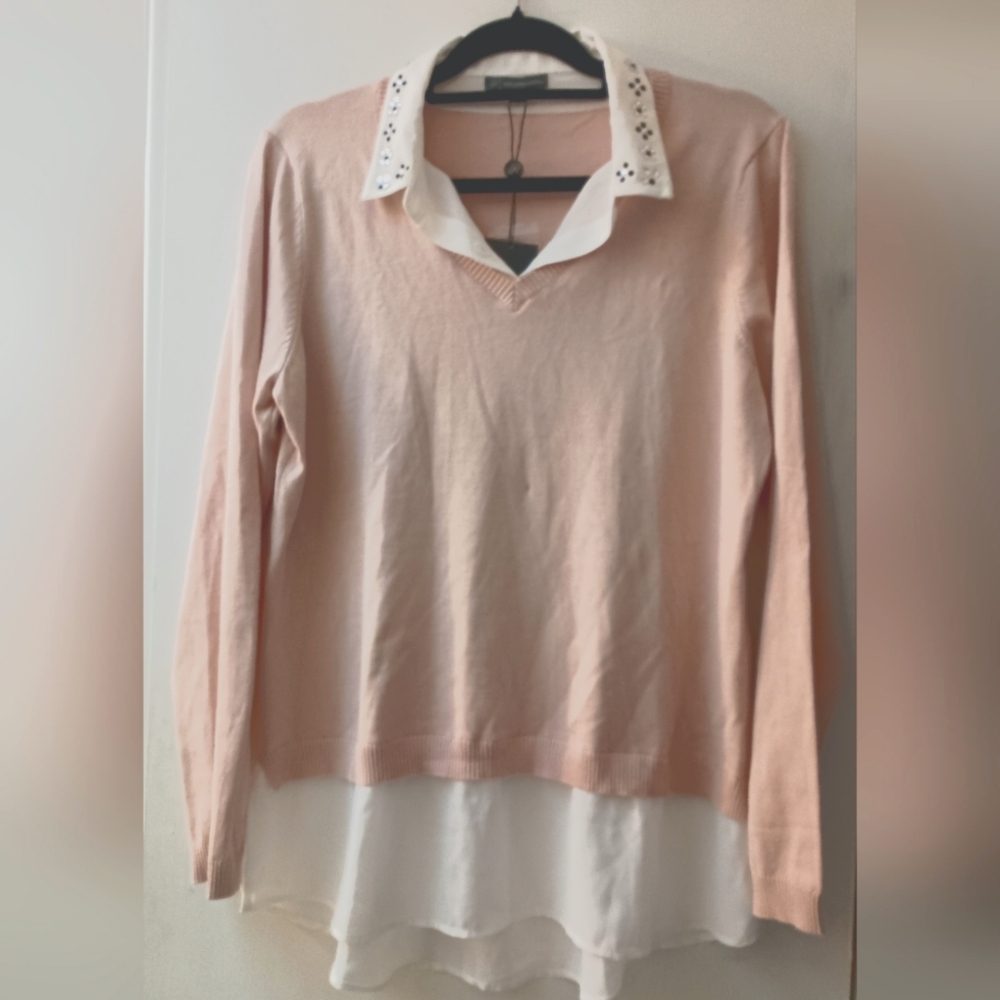 Adrianna Papell Blush/White Embellished Collar Layered Twofer Sweater Size L NWT